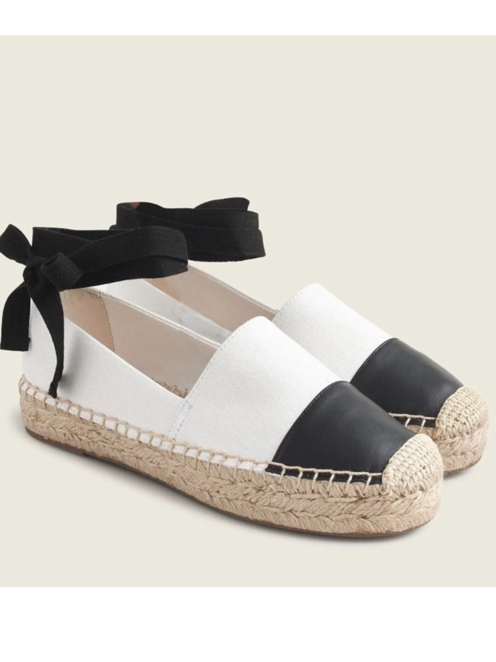 NWOB J. Crew Canvas Espadrille Flats with Leather Cap Toe - Ivory/Black - Size 8
